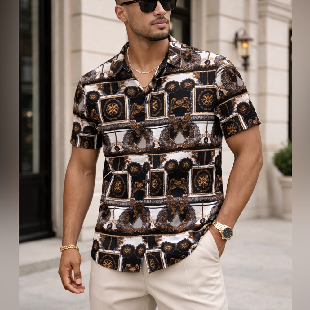 GBG Baroque Print Button Down Shirt Black Gold Men’s XXL‎ Cotton Going Out Shirt